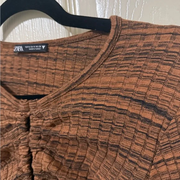 Zara Brown Ruched Cropped Long Sleeve Top | Size S - Picture 8 of 12